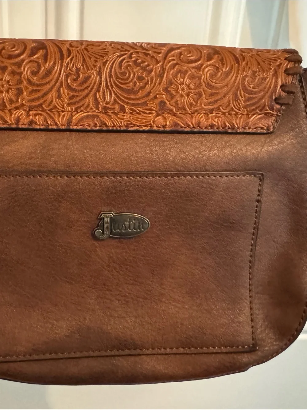 Justin Boots Tooled Brown Leather Crossbody Bag